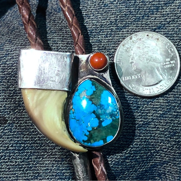 Vintage Native American Sterling Bennett Turquoise Carnelian Talon Claw Bolo - Picture 2 of 14